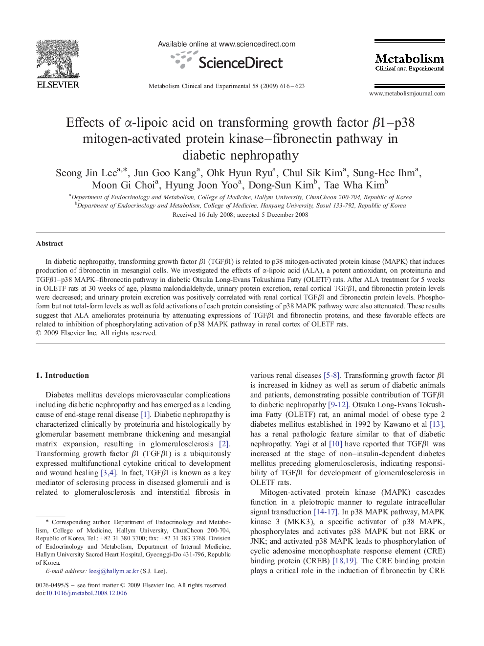 Effects of α-lipoic acid on transforming growth factor β1–p38 mitogen-activated protein kinase–fibronectin pathway in diabetic nephropathy