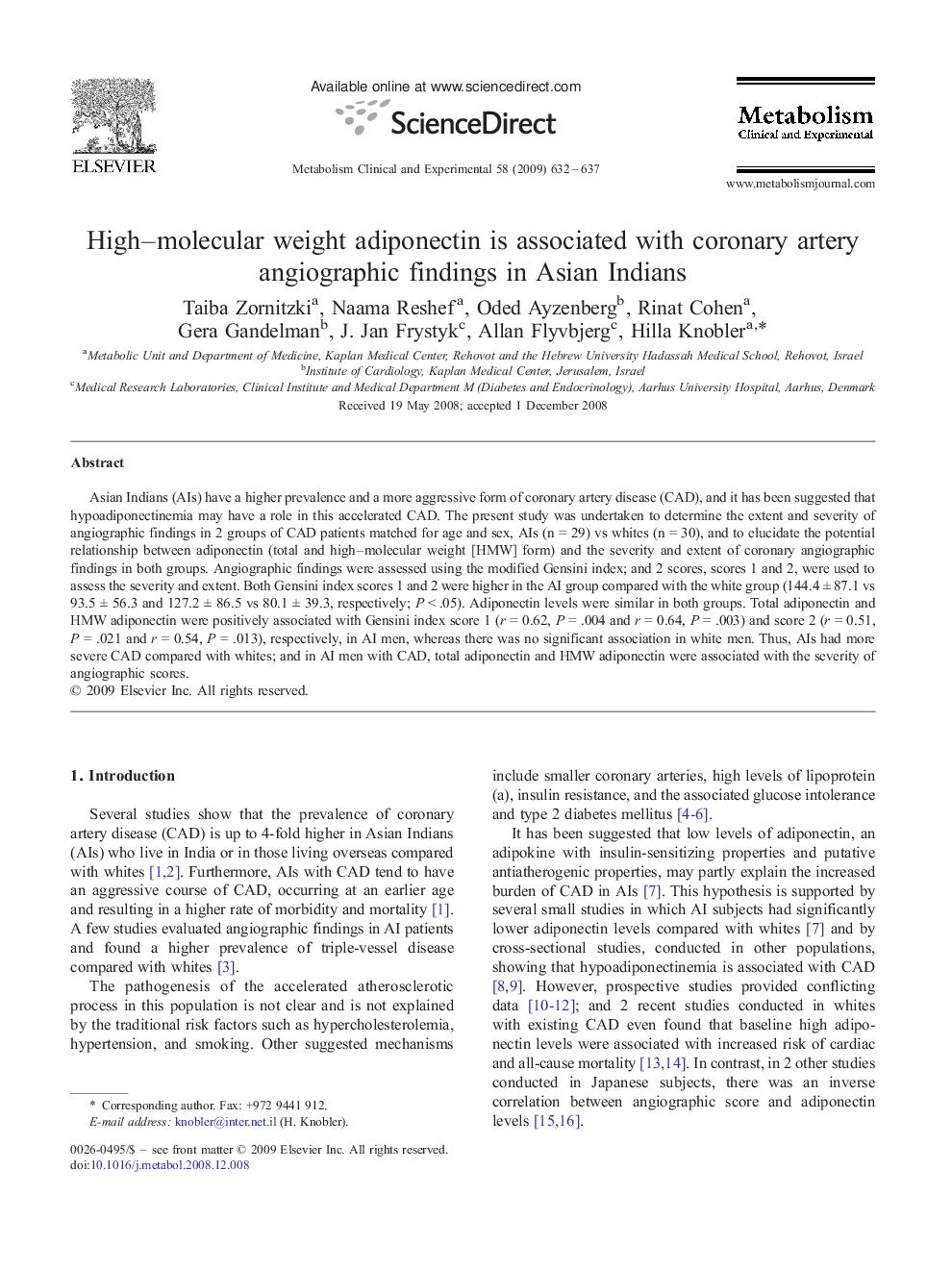 High-molecular weight adiponectin is associated with coronary artery angiographic findings in Asian Indians