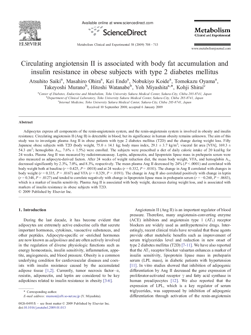 Circulating angiotensin II is associated with body fat accumulation and insulin resistance in obese subjects with type 2 diabetes mellitus