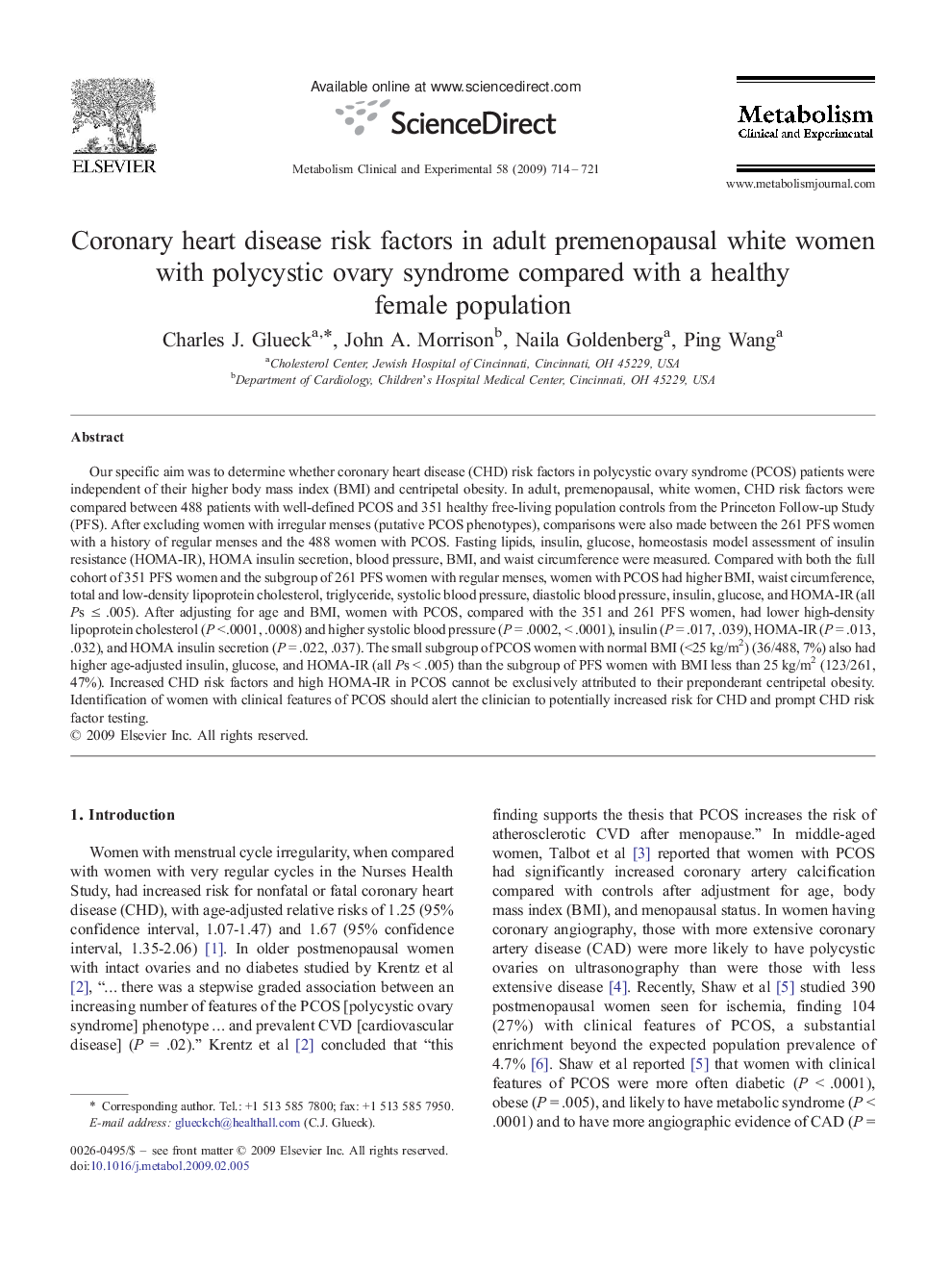 Coronary heart disease risk factors in adult premenopausal white women with polycystic ovary syndrome compared with a healthy female population