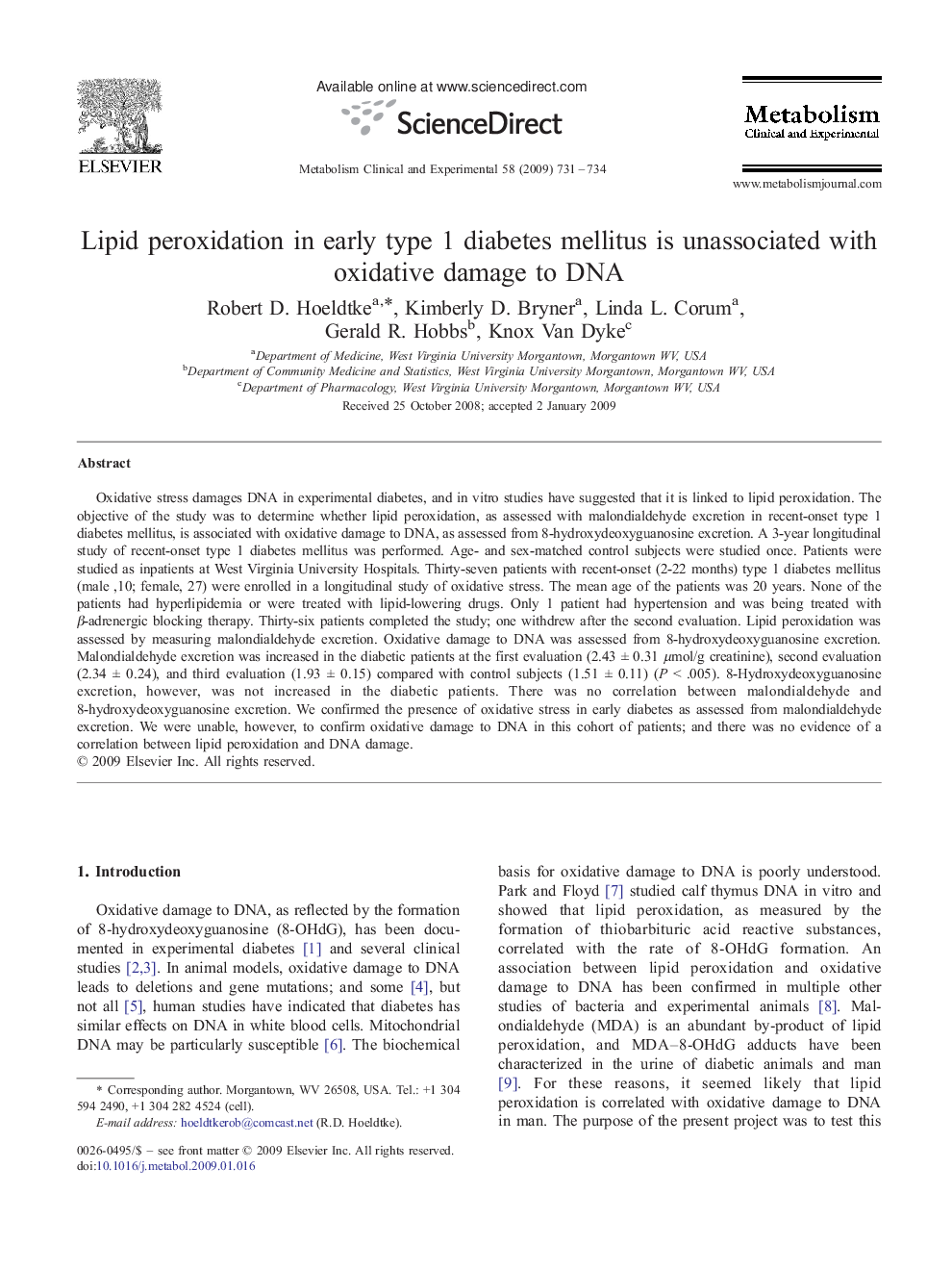 Lipid peroxidation in early type 1 diabetes mellitus is unassociated with oxidative damage to DNA