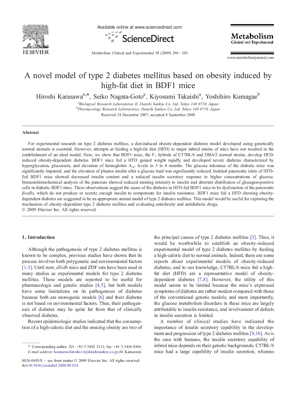 A novel model of type 2 diabetes mellitus based on obesity induced by high-fat diet in BDF1 mice