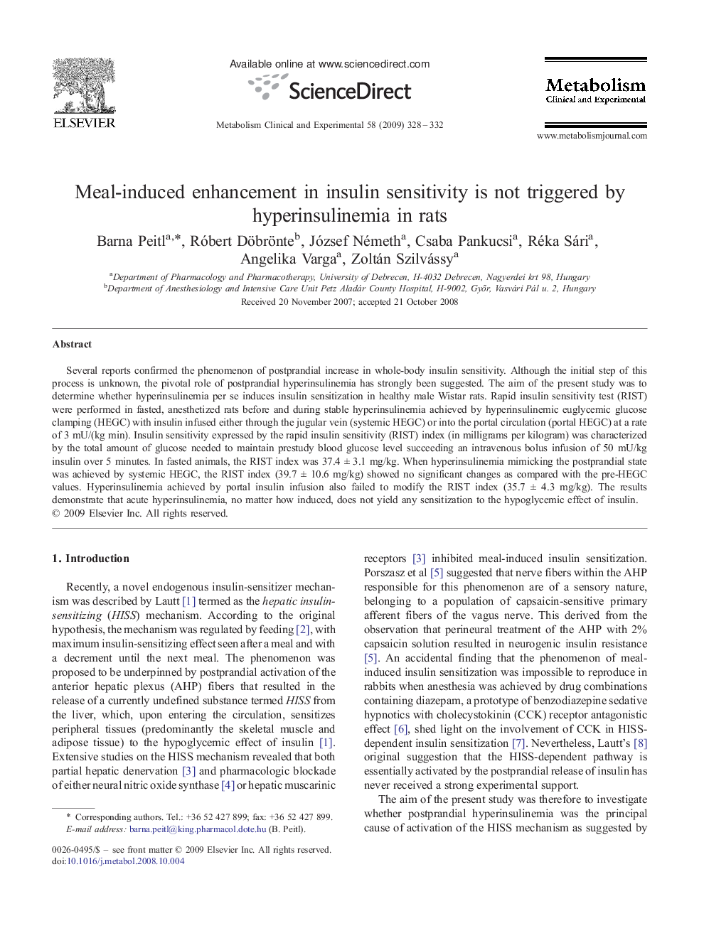 Meal-induced enhancement in insulin sensitivity is not triggered by hyperinsulinemia in rats