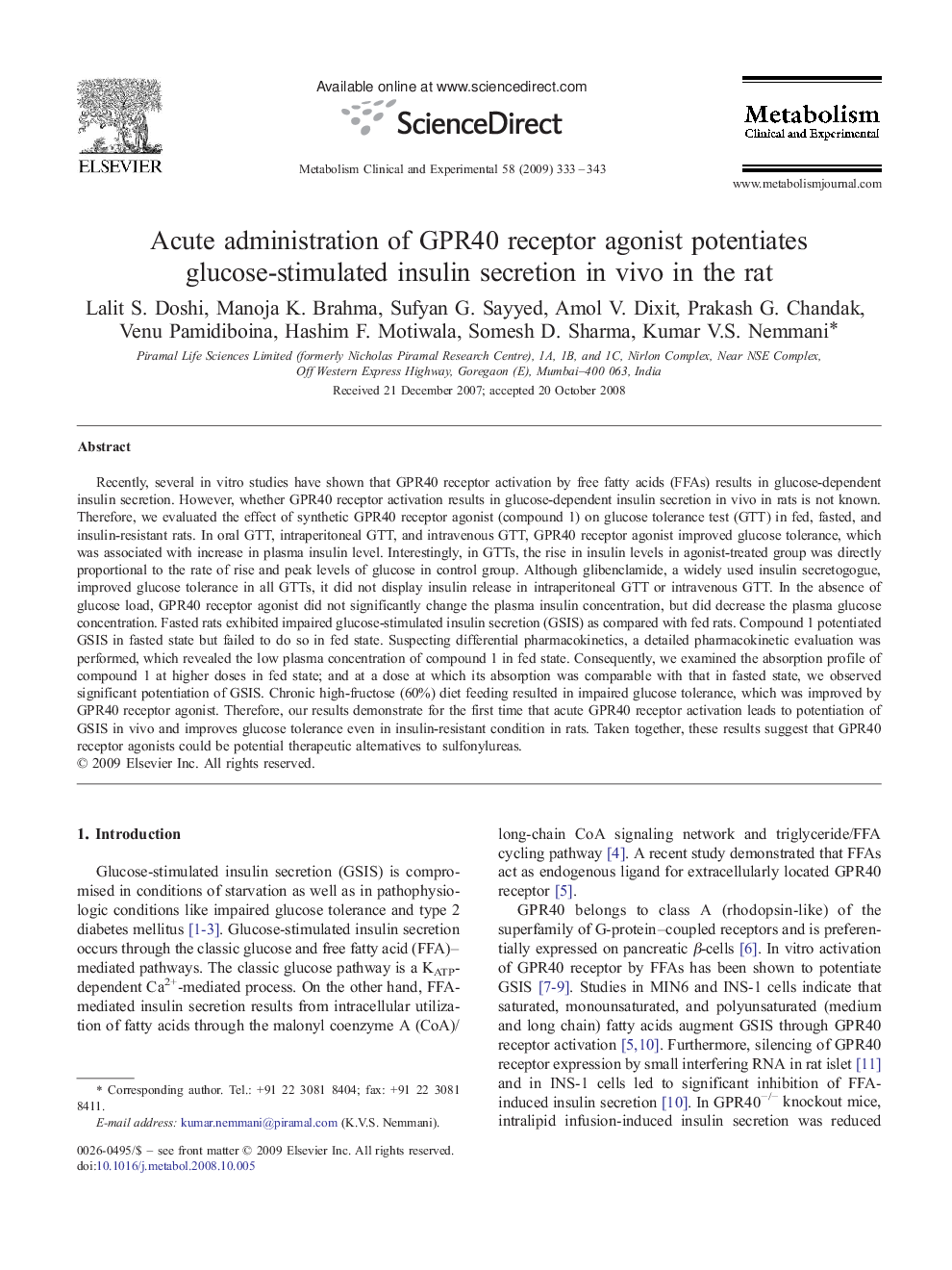Acute administration of GPR40 receptor agonist potentiates glucose-stimulated insulin secretion in vivo in the rat