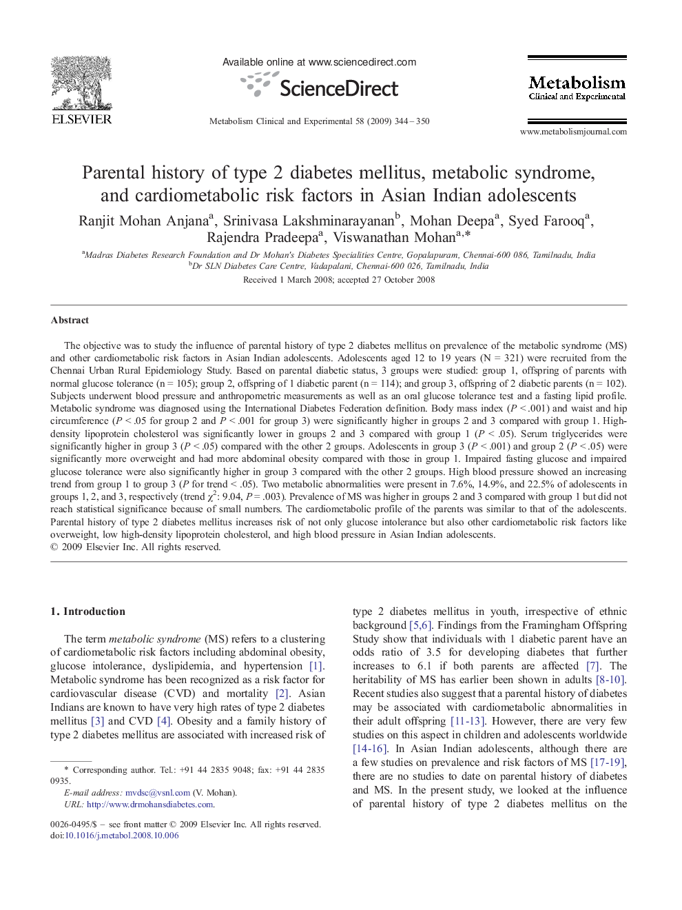 Parental history of type 2 diabetes mellitus, metabolic syndrome, and cardiometabolic risk factors in Asian Indian adolescents