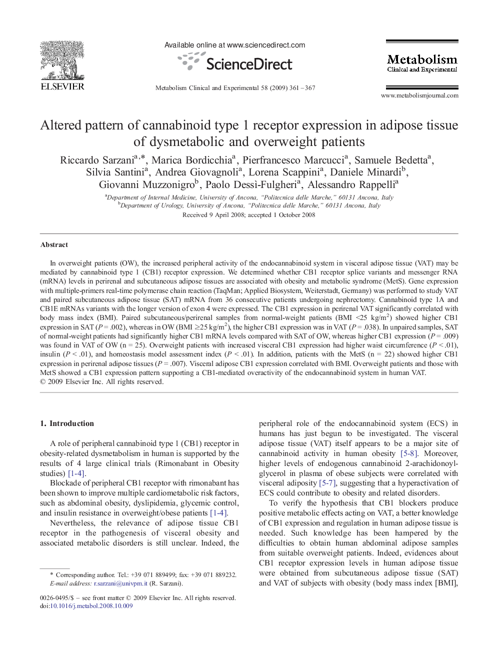 Altered pattern of cannabinoid type 1 receptor expression in adipose tissue of dysmetabolic and overweight patients