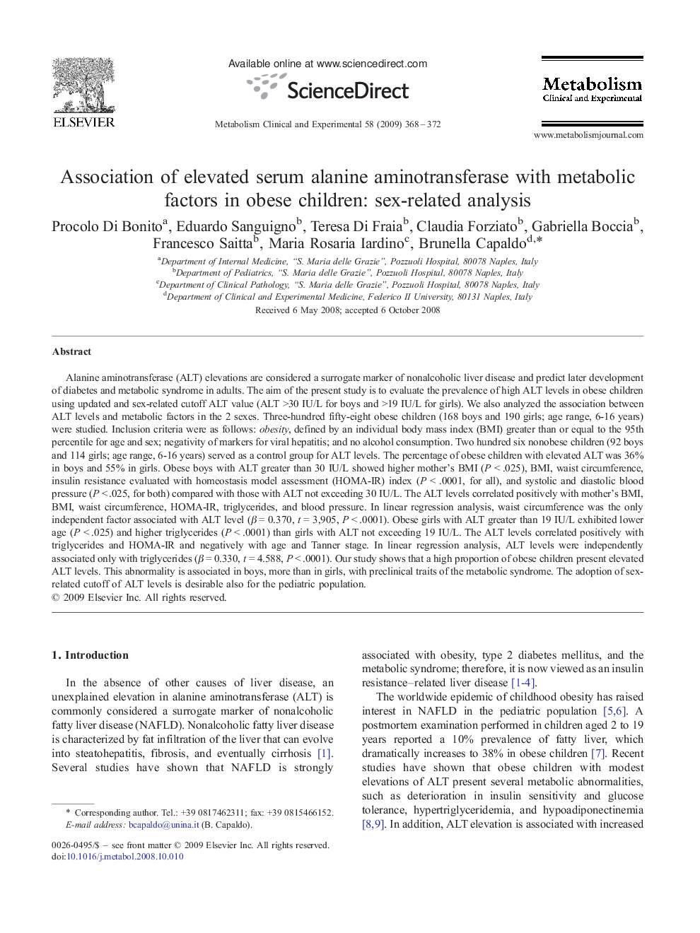 Association of elevated serum alanine aminotransferase with metabolic factors in obese children: sex-related analysis