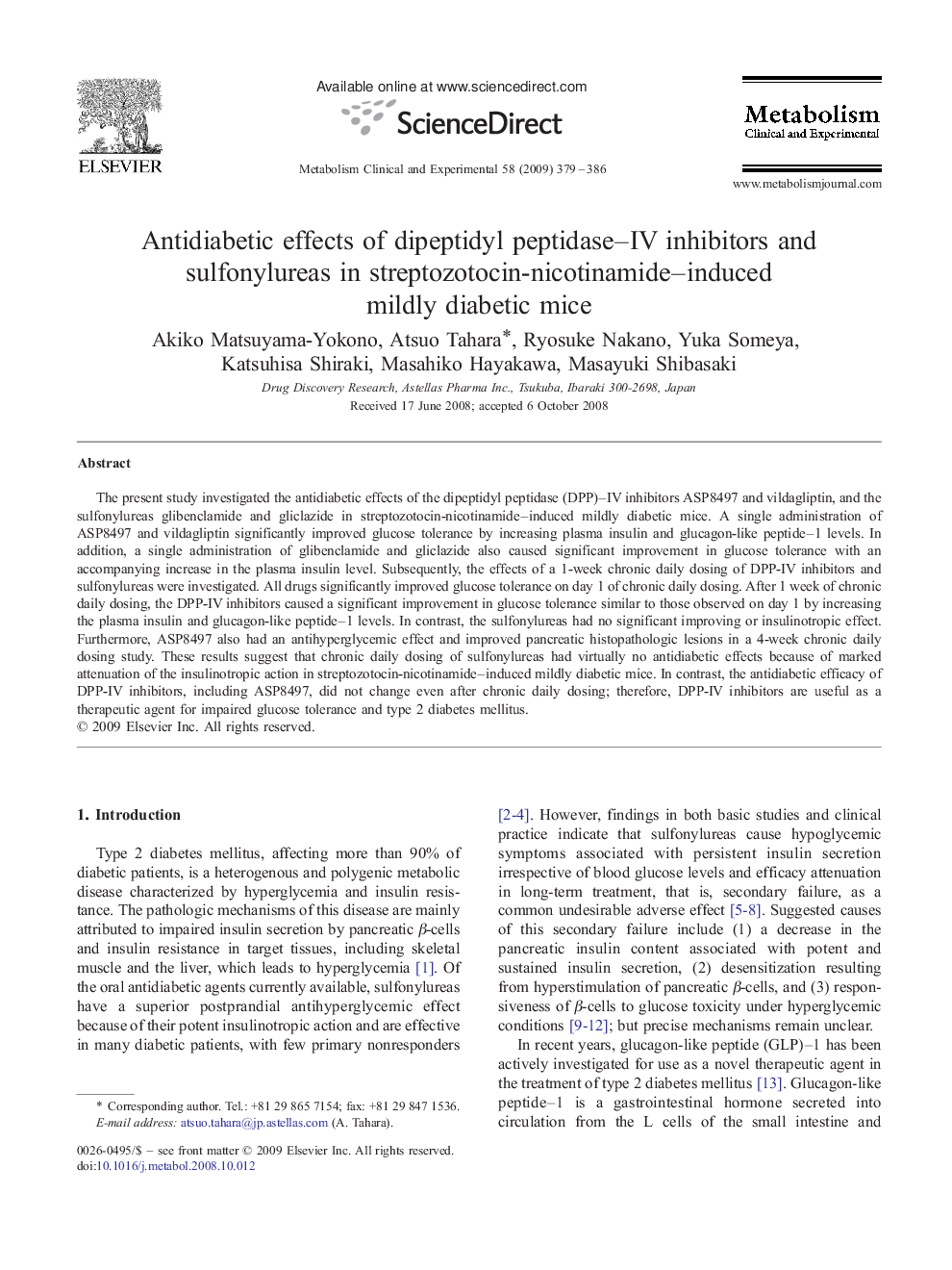 Antidiabetic effects of dipeptidyl peptidase–IV inhibitors and sulfonylureas in streptozotocin-nicotinamide–induced mildly diabetic mice