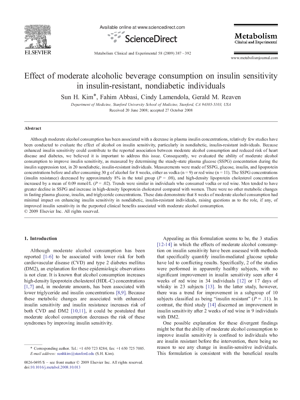 Effect of moderate alcoholic beverage consumption on insulin sensitivity in insulin-resistant, nondiabetic individuals