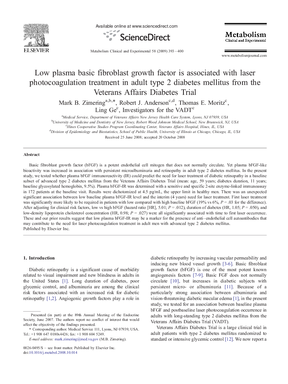 Low plasma basic fibroblast growth factor is associated with laser photocoagulation treatment in adult type 2 diabetes mellitus from the Veterans Affairs Diabetes Trial