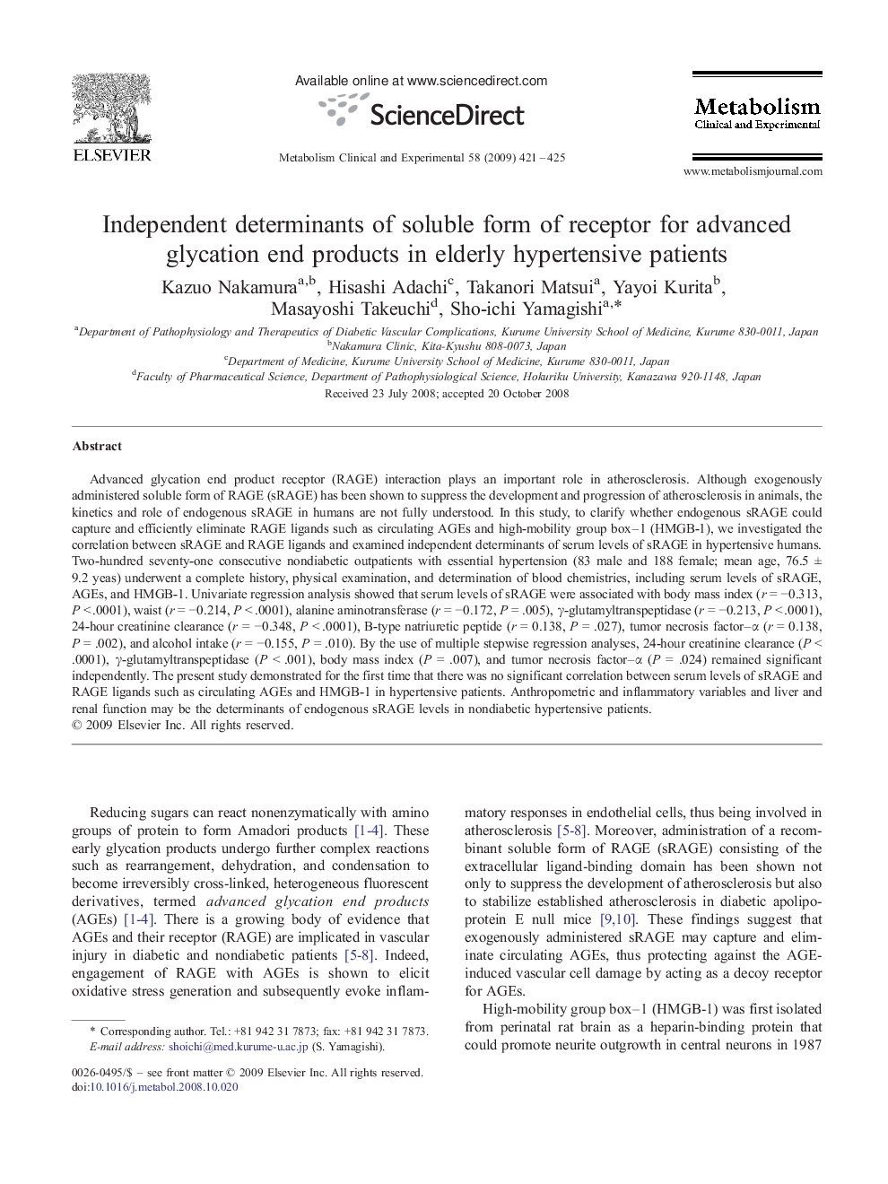 Independent determinants of soluble form of receptor for advanced glycation end products in elderly hypertensive patients