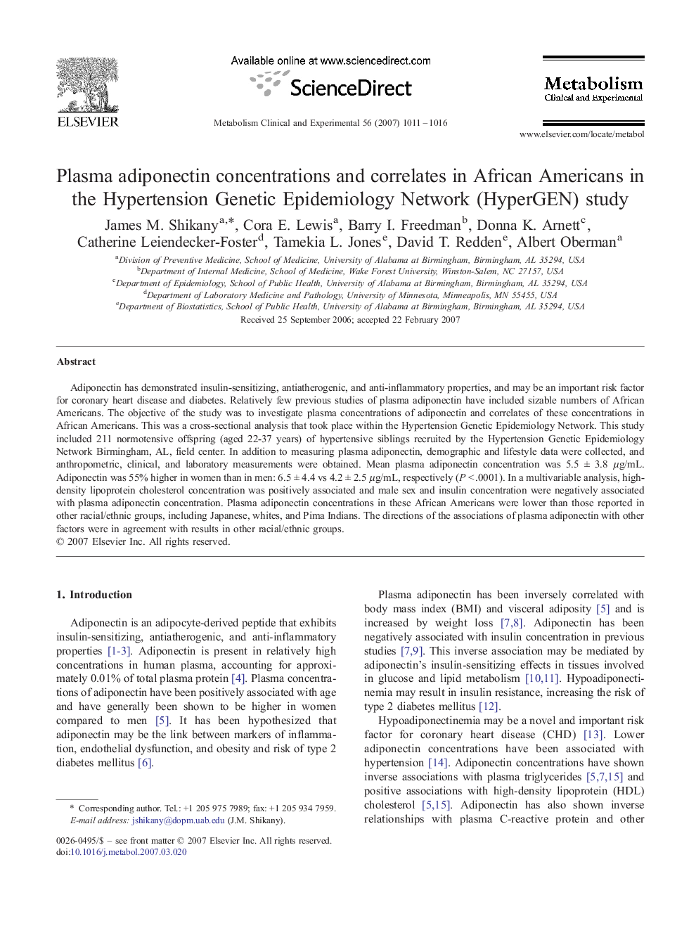 Plasma adiponectin concentrations and correlates in African Americans in the Hypertension Genetic Epidemiology Network (HyperGEN) study