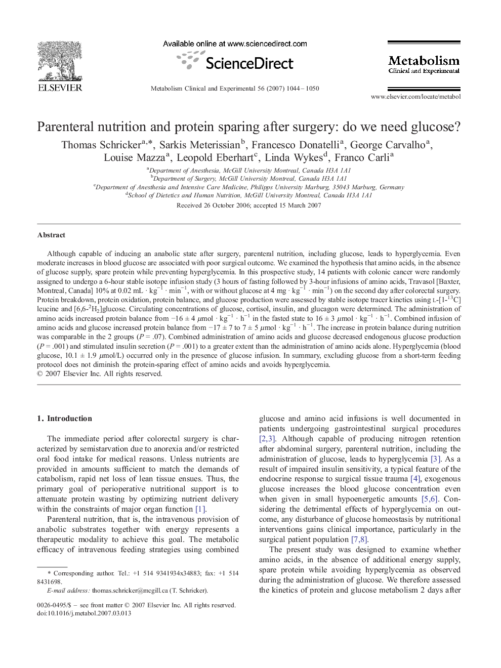 Parenteral nutrition and protein sparing after surgery: do we need glucose?