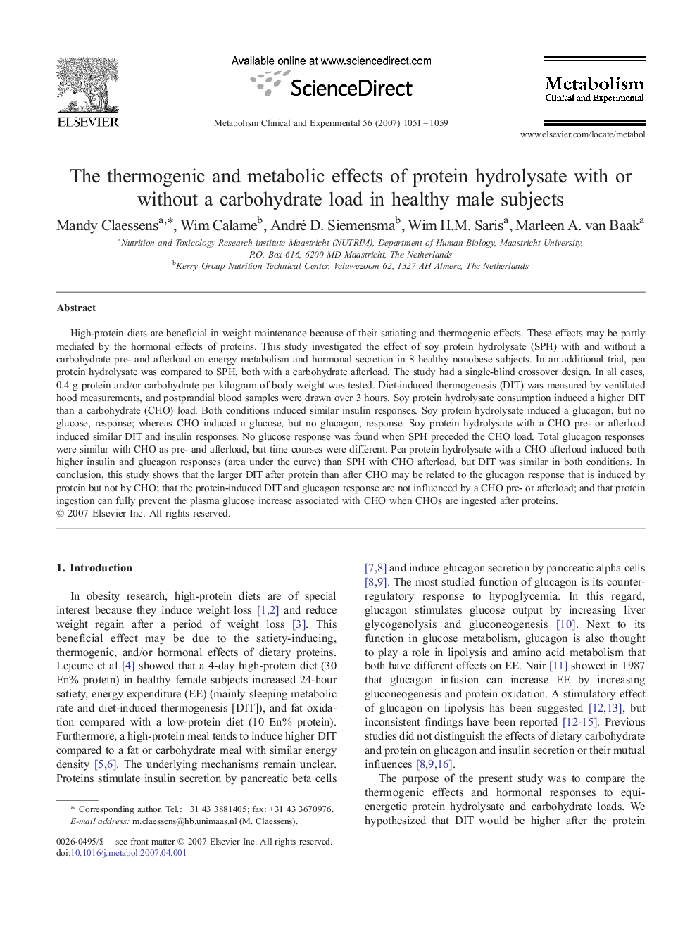 The thermogenic and metabolic effects of protein hydrolysate with or without a carbohydrate load in healthy male subjects