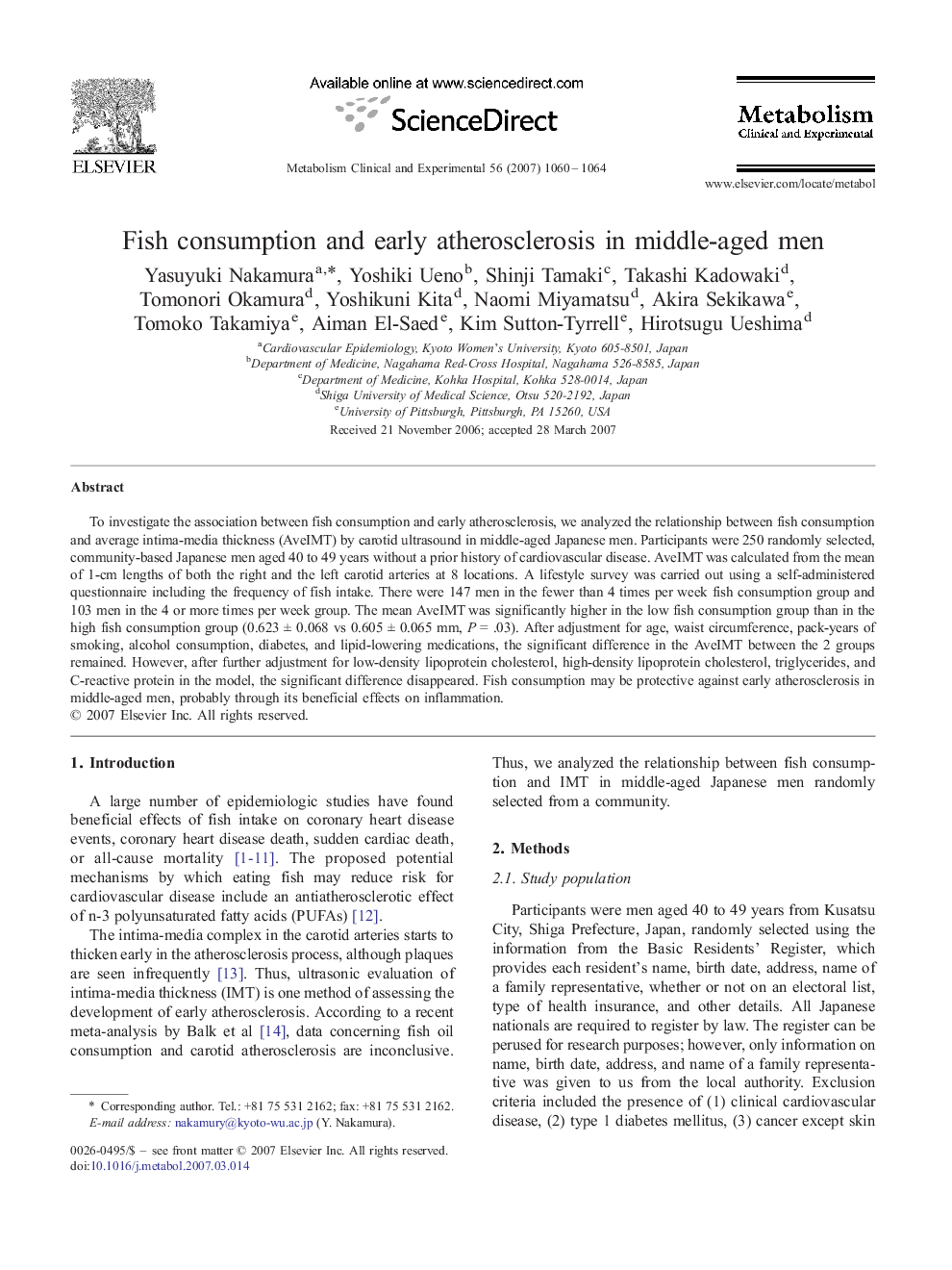 Fish consumption and early atherosclerosis in middle-aged men