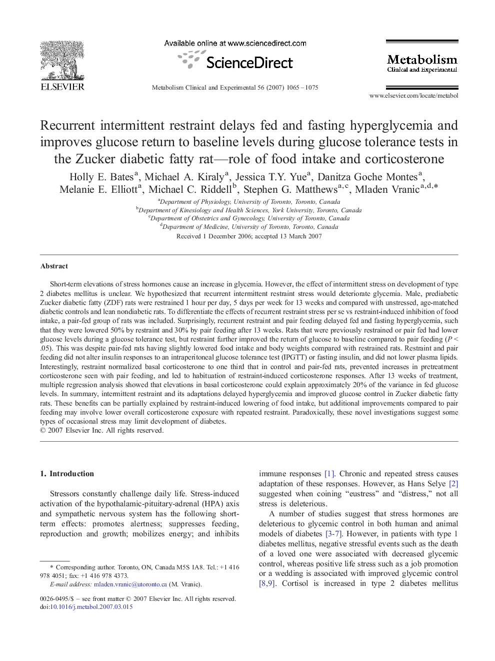 Recurrent intermittent restraint delays fed and fasting hyperglycemia and improves glucose return to baseline levels during glucose tolerance tests in the Zucker diabetic fatty rat—role of food intake and corticosterone