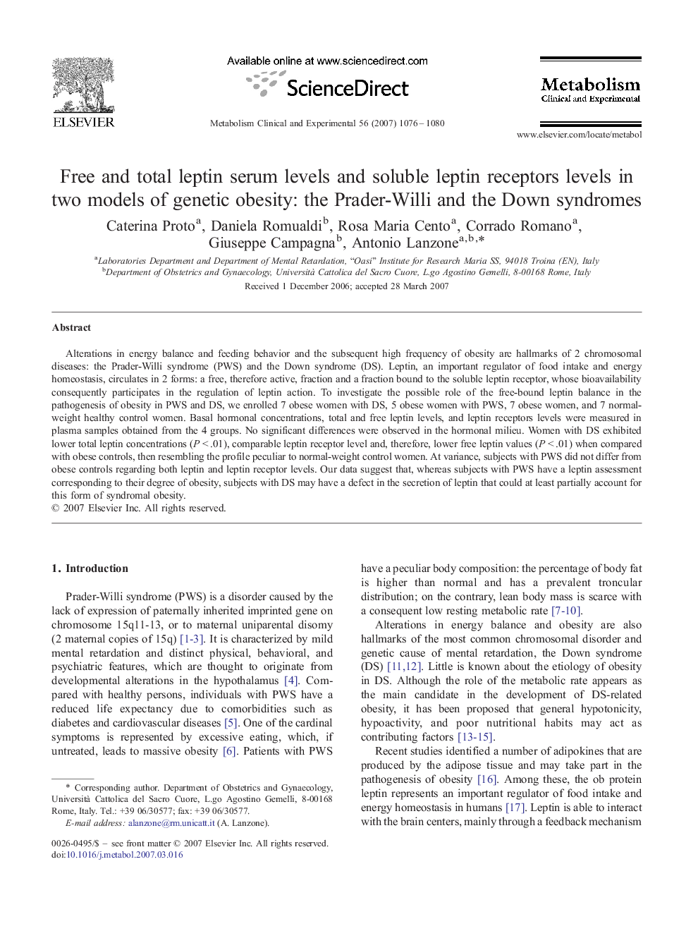 Free and total leptin serum levels and soluble leptin receptors levels in two models of genetic obesity: the Prader-Willi and the Down syndromes