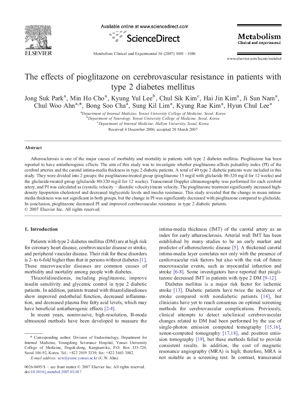 The effects of pioglitazone on cerebrovascular resistance in patients with type 2 diabetes mellitus