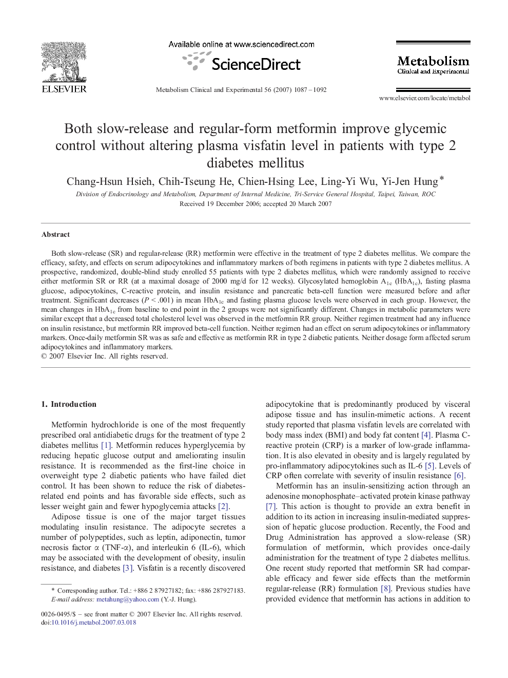 Both slow-release and regular-form metformin improve glycemic control without altering plasma visfatin level in patients with type 2 diabetes mellitus