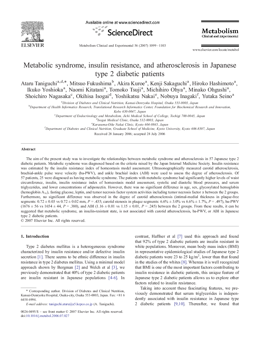 Metabolic syndrome, insulin resistance, and atherosclerosis in Japanese type 2 diabetic patients