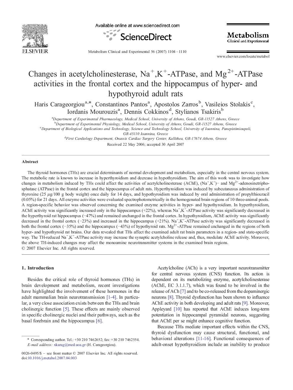 Changes in acetylcholinesterase, Na+,K+-ATPase, and Mg2+-ATPase activities in the frontal cortex and the hippocampus of hyper- and hypothyroid adult rats