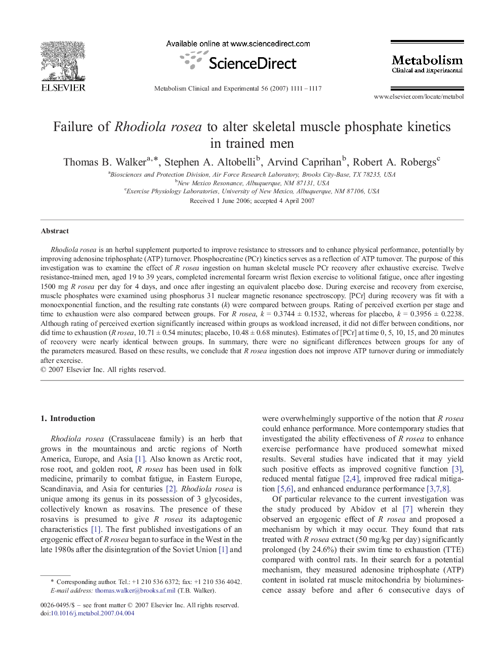 Failure of Rhodiola rosea to alter skeletal muscle phosphate kinetics in trained men