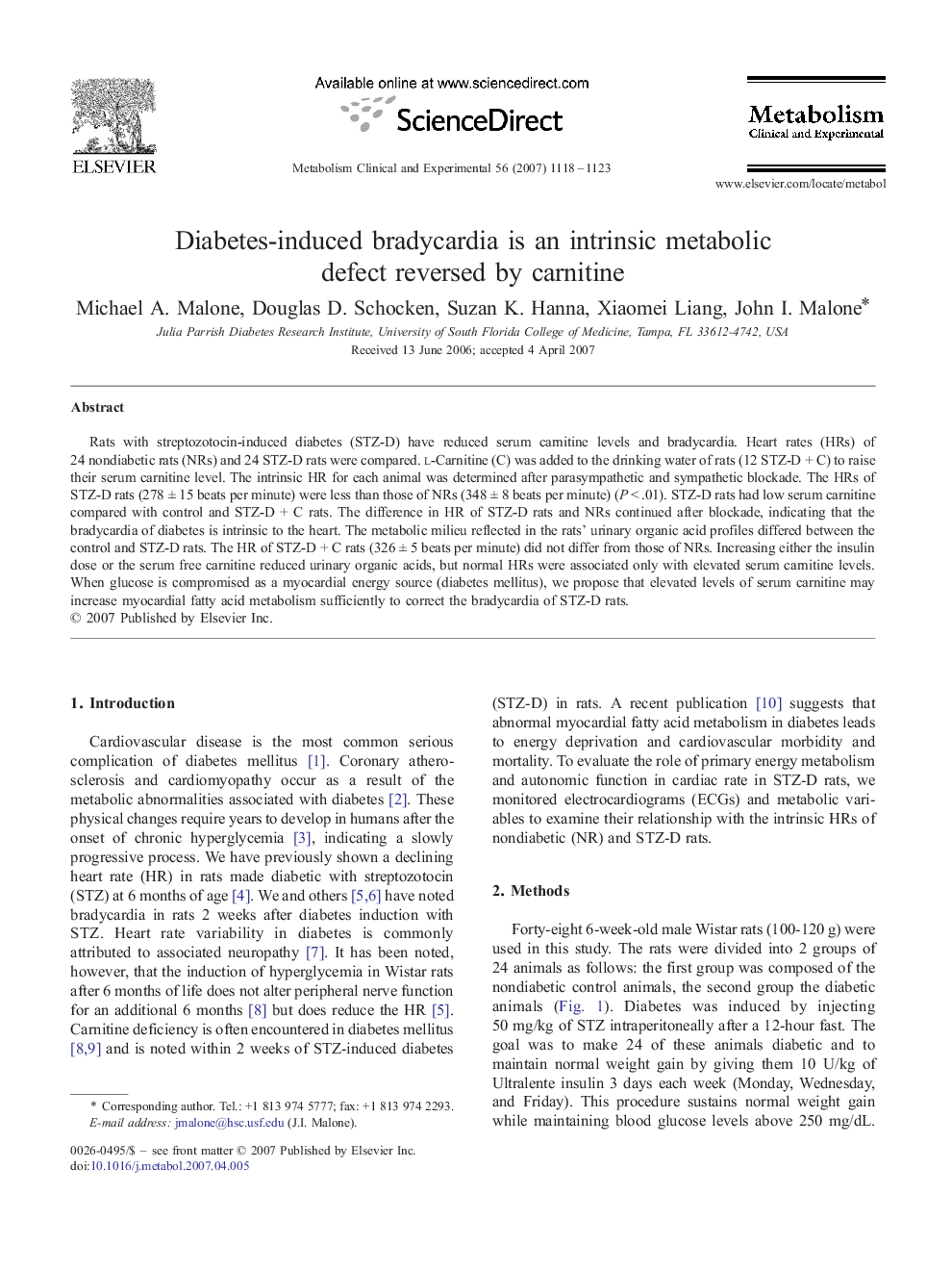Diabetes-induced bradycardia is an intrinsic metabolic defect reversed by carnitine