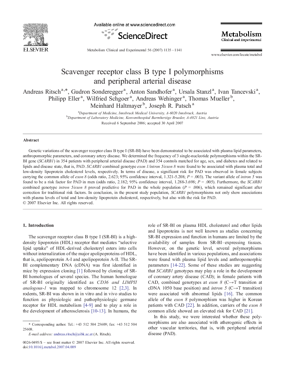 Scavenger receptor class B type I polymorphisms and peripheral arterial disease