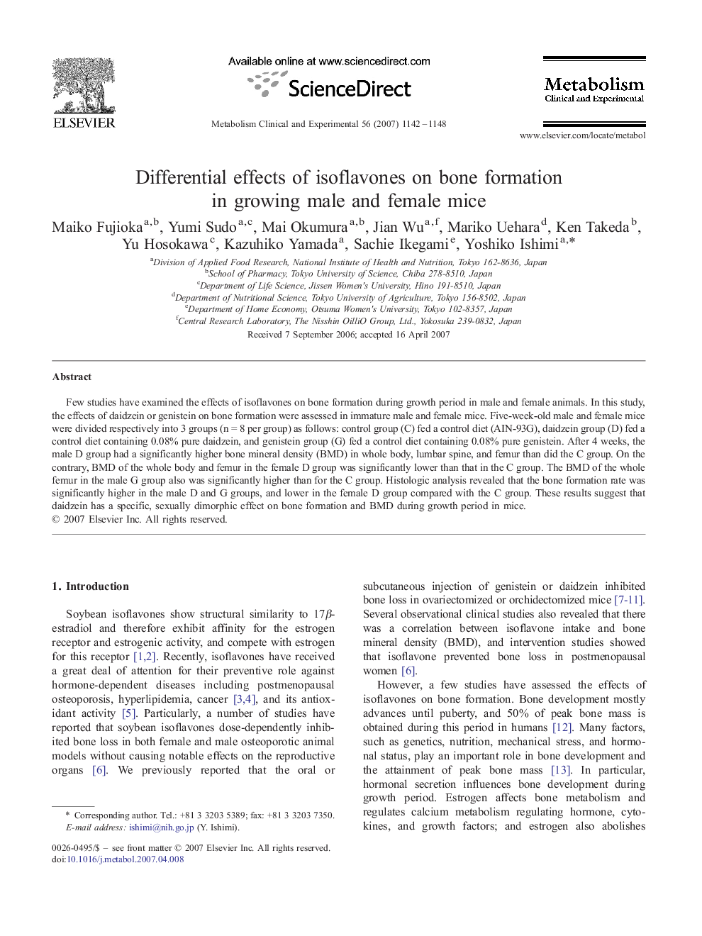Differential effects of isoflavones on bone formation in growing male and female mice