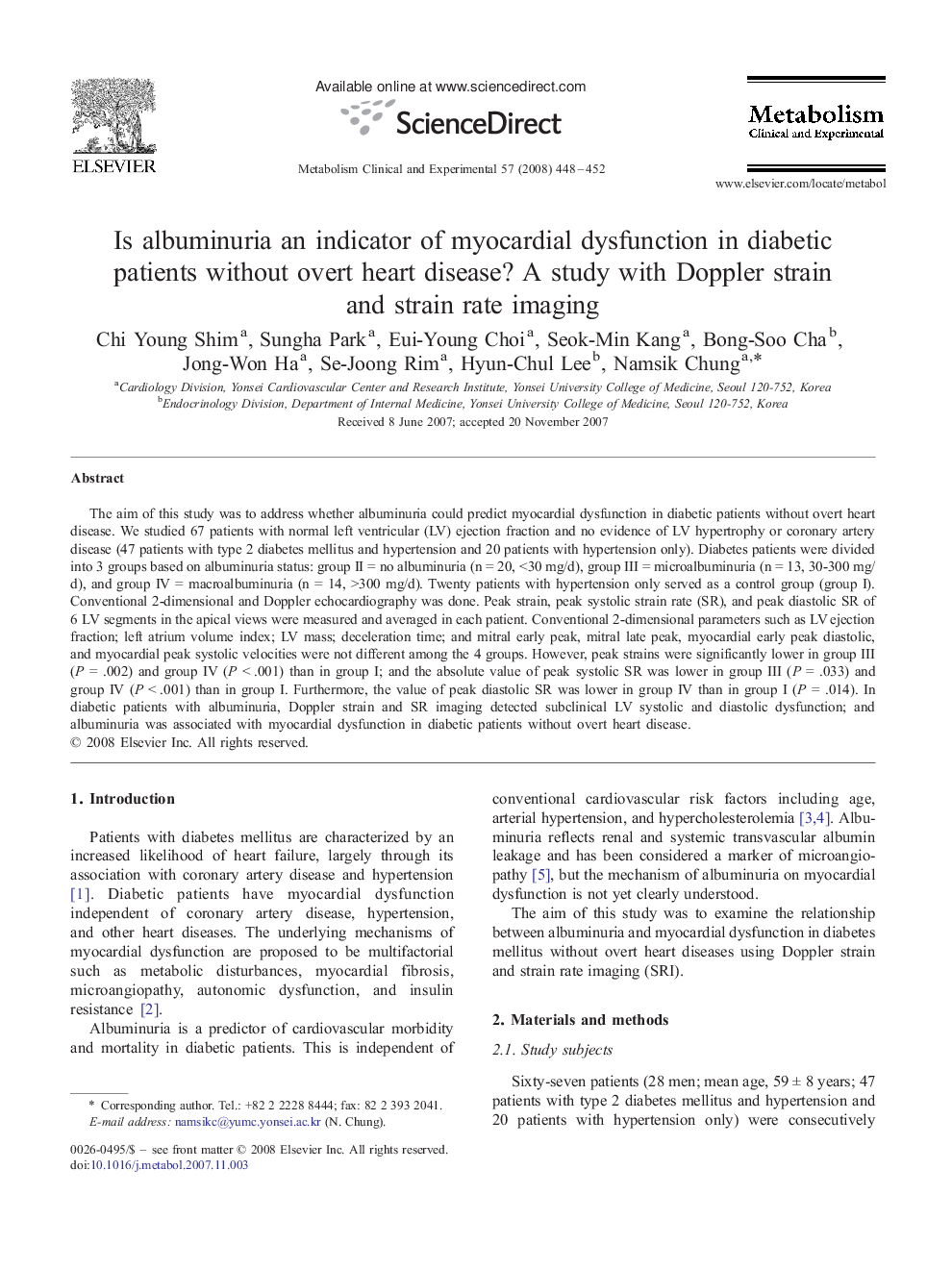 Is albuminuria an indicator of myocardial dysfunction in diabetic patients without overt heart disease? A study with Doppler strain and strain rate imaging