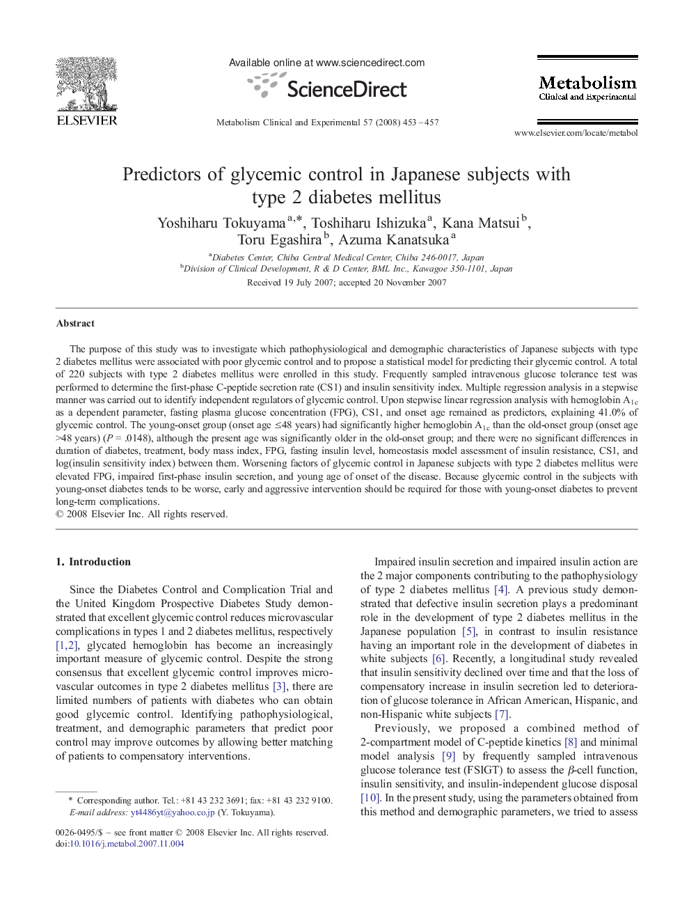 Predictors of glycemic control in Japanese subjects with type 2 diabetes mellitus