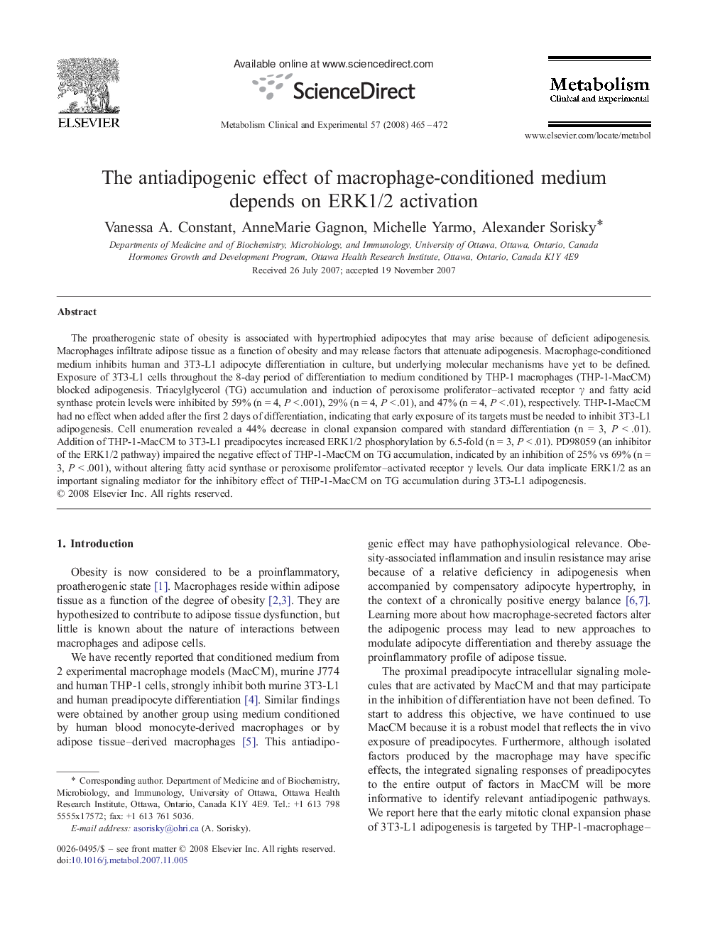 The antiadipogenic effect of macrophage-conditioned medium depends on ERK1/2 activation