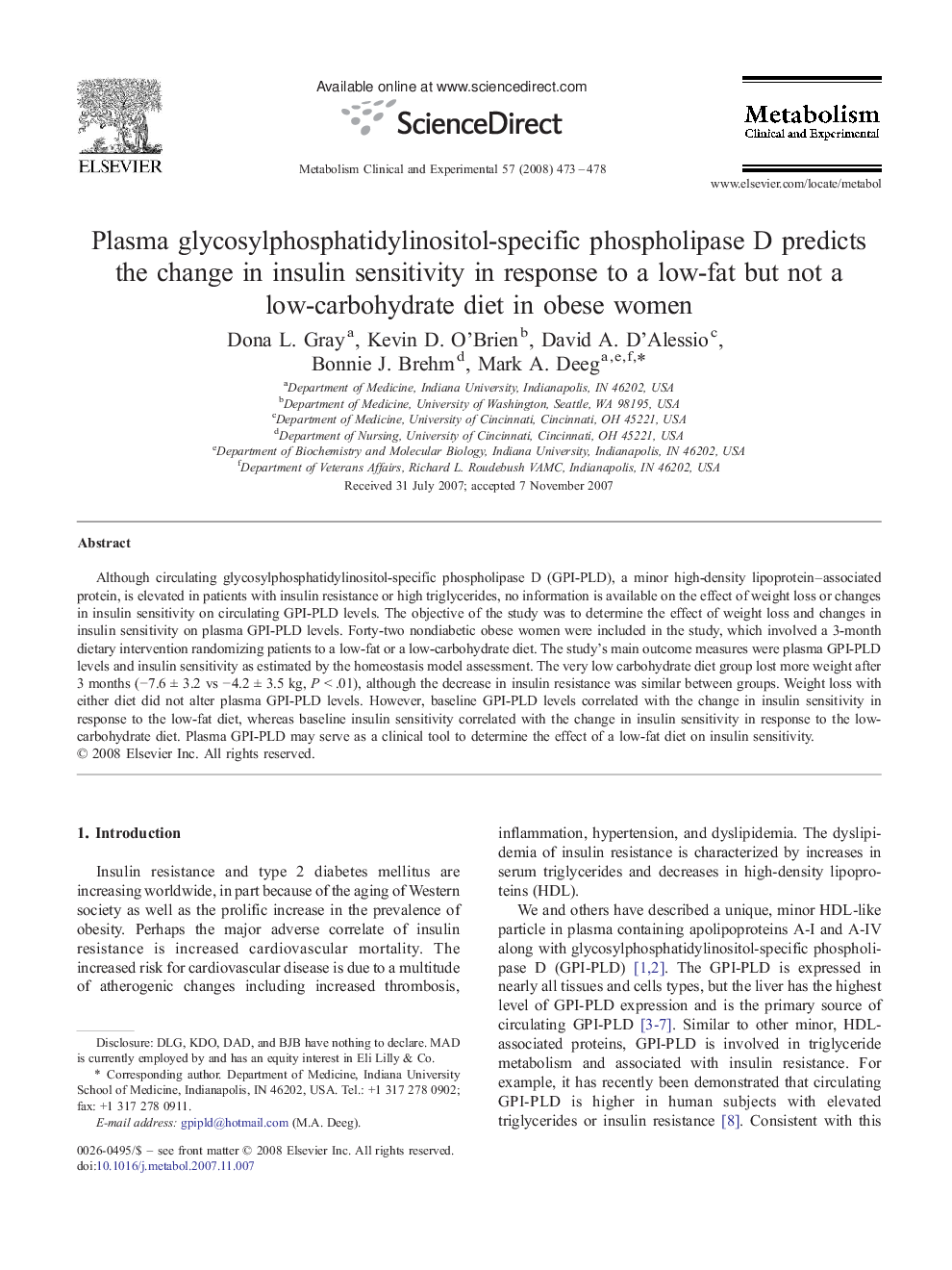 Plasma glycosylphosphatidylinositol-specific phospholipase D predicts the change in insulin sensitivity in response to a low-fat but not a low-carbohydrate diet in obese women 