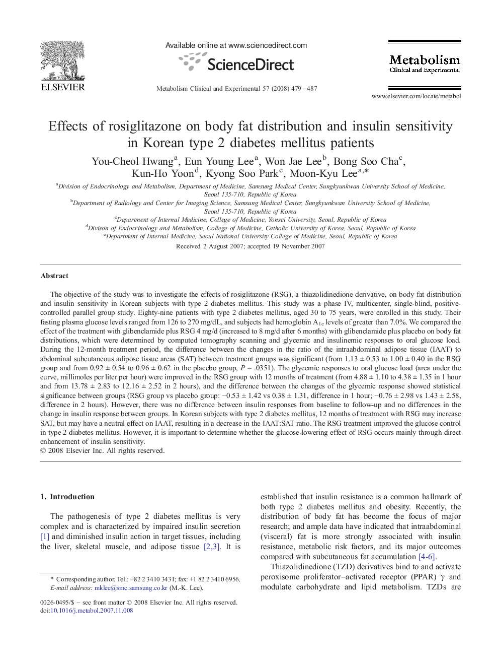 Effects of rosiglitazone on body fat distribution and insulin sensitivity in Korean type 2 diabetes mellitus patients