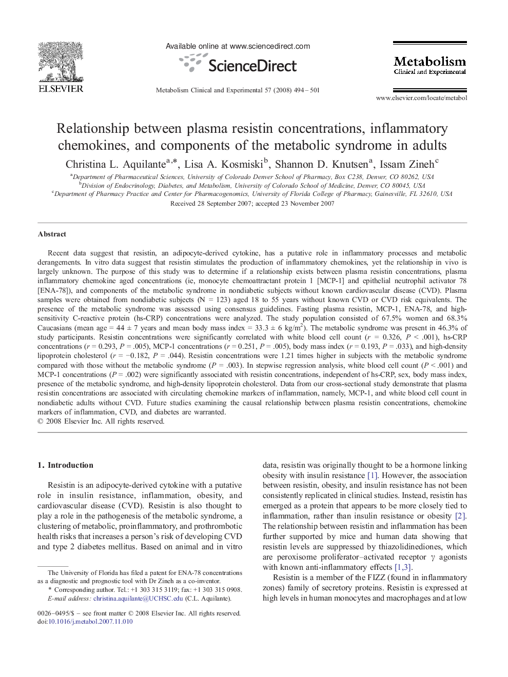 Relationship between plasma resistin concentrations, inflammatory chemokines, and components of the metabolic syndrome in adults 
