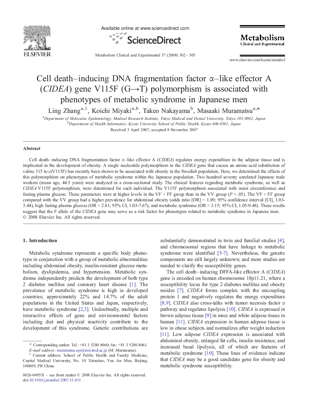Cell death–inducing DNA fragmentation factor α–like effector A (CIDEA) gene V115F (G→T) polymorphism is associated with phenotypes of metabolic syndrome in Japanese men