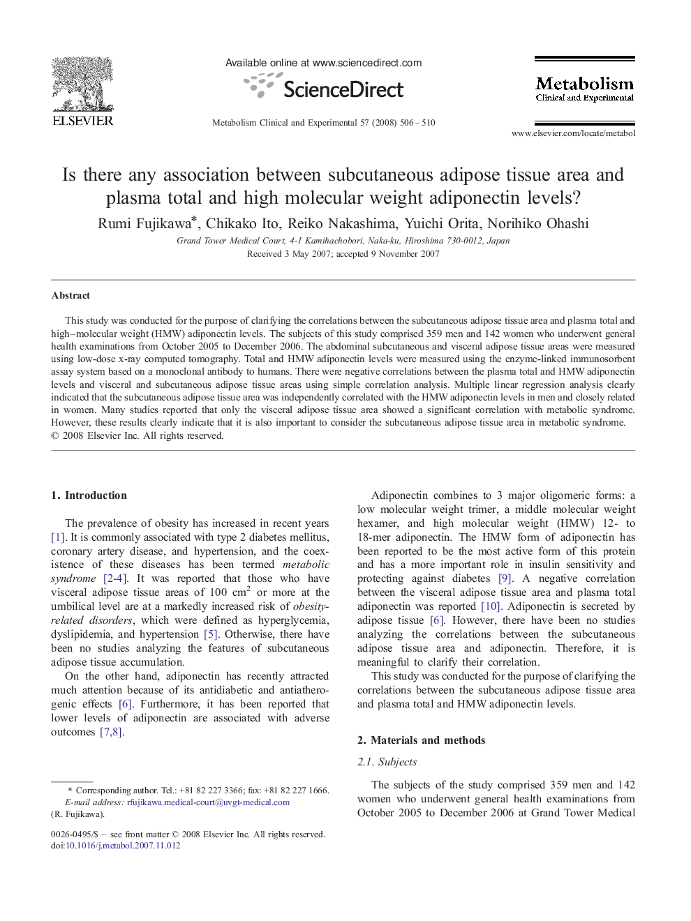 Is there any association between subcutaneous adipose tissue area and plasma total and high molecular weight adiponectin levels?