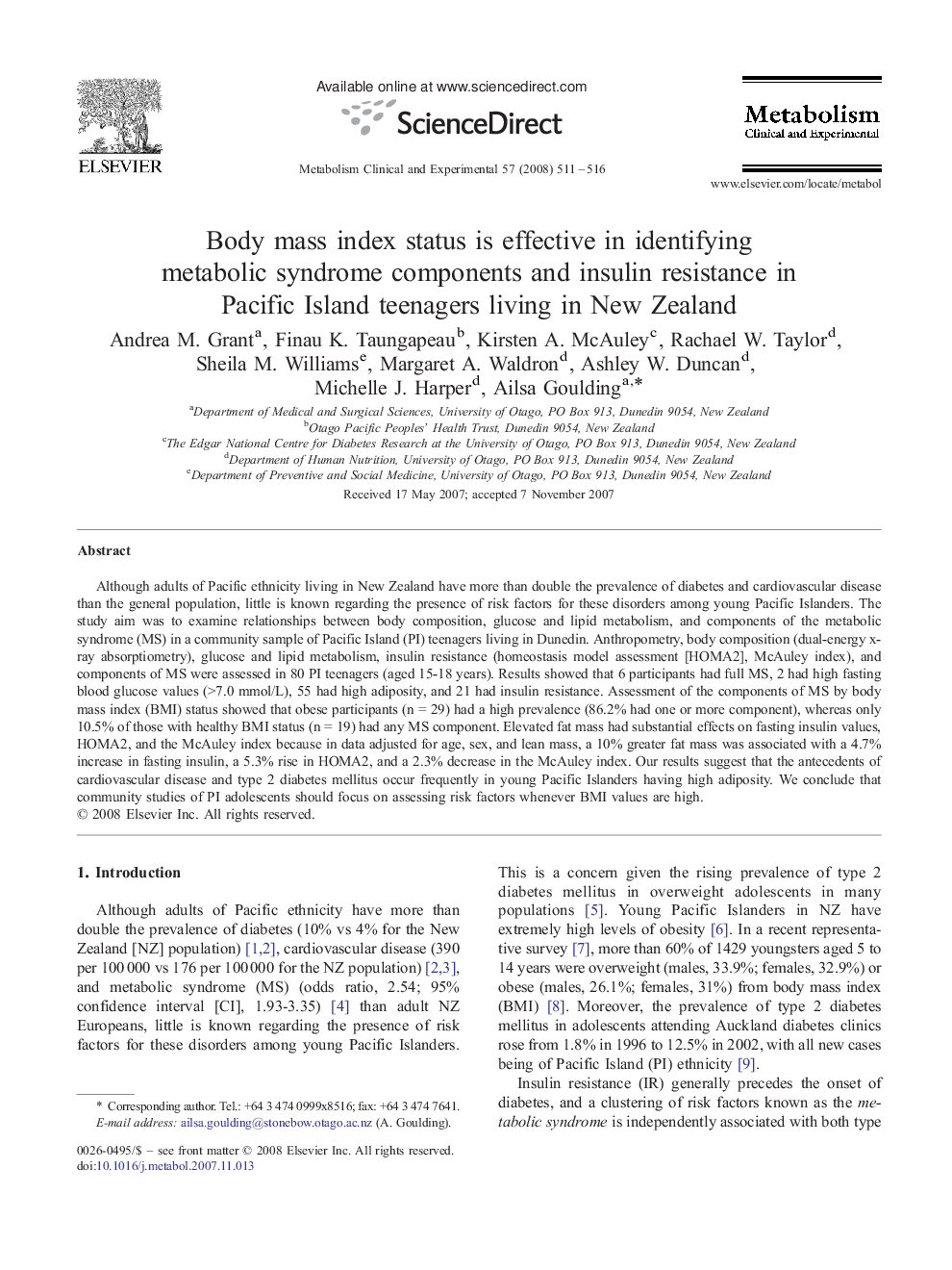 Body mass index status is effective in identifying metabolic syndrome components and insulin resistance in Pacific Island teenagers living in New Zealand