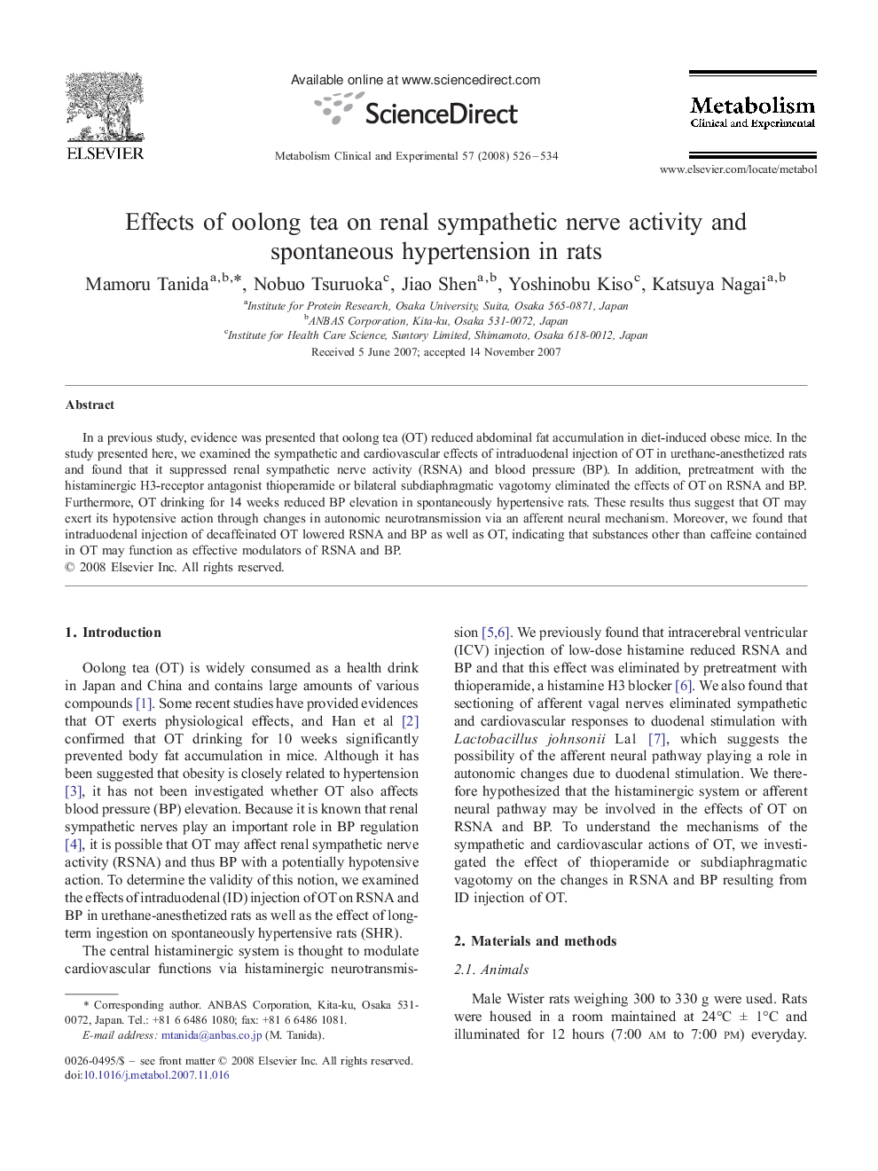 Effects of oolong tea on renal sympathetic nerve activity and spontaneous hypertension in rats