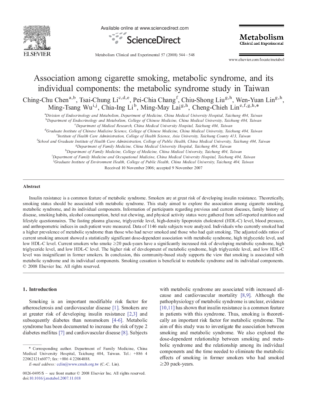 Association among cigarette smoking, metabolic syndrome, and its individual components: the metabolic syndrome study in Taiwan