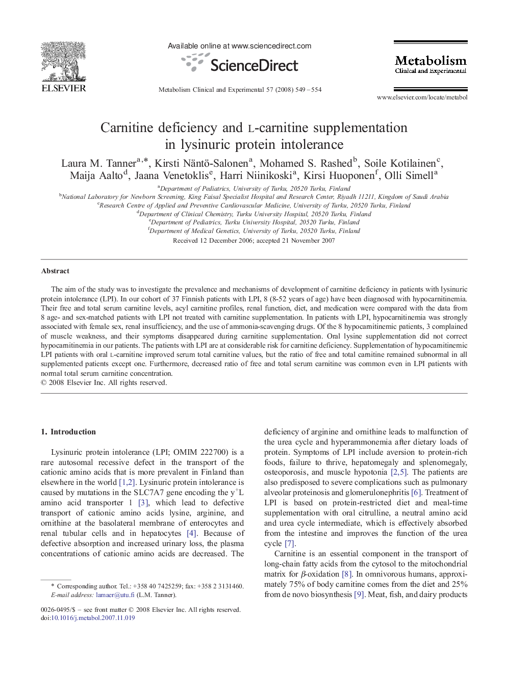 Carnitine deficiency and l-carnitine supplementation in lysinuric protein intolerance