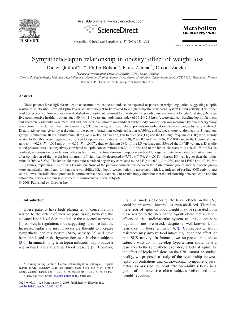 عکس صفحه اول مقاله: Sympathetic-leptin relationship in obesity: effect of weight loss Sympathetic-leptin relationship in obesity: effect of weight loss