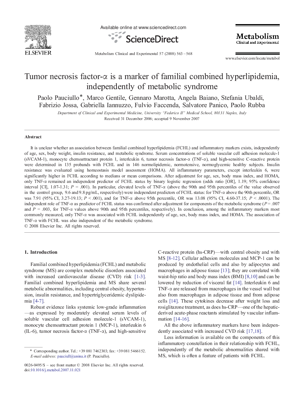 Tumor necrosis factor-Î± is a marker of familial combined hyperlipidemia, independently of metabolic syndrome