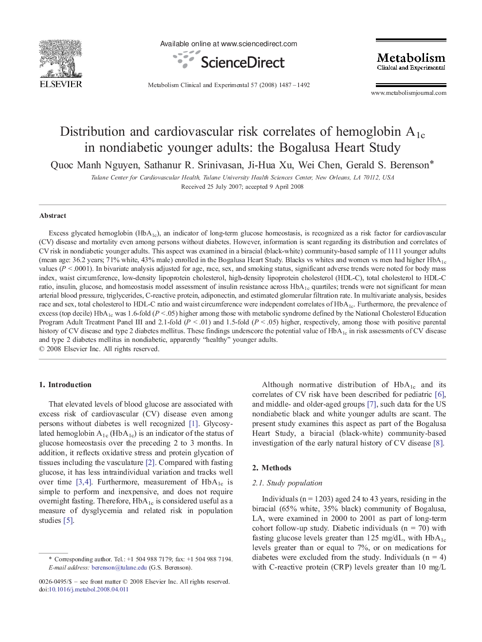 Distribution and cardiovascular risk correlates of hemoglobin A1c in nondiabetic younger adults: the Bogalusa Heart Study