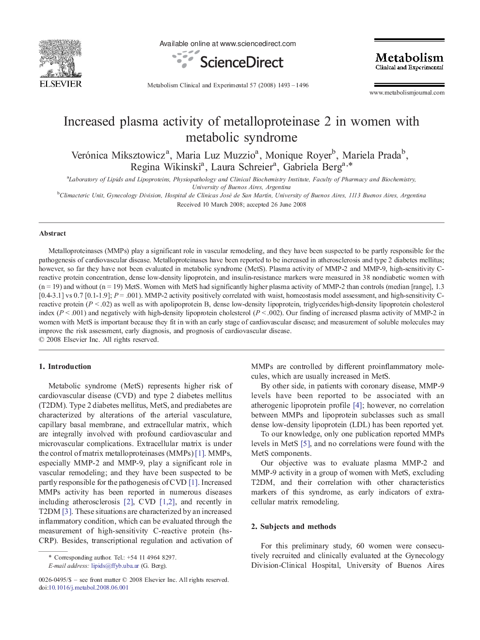 Increased plasma activity of metalloproteinase 2 in women with metabolic syndrome