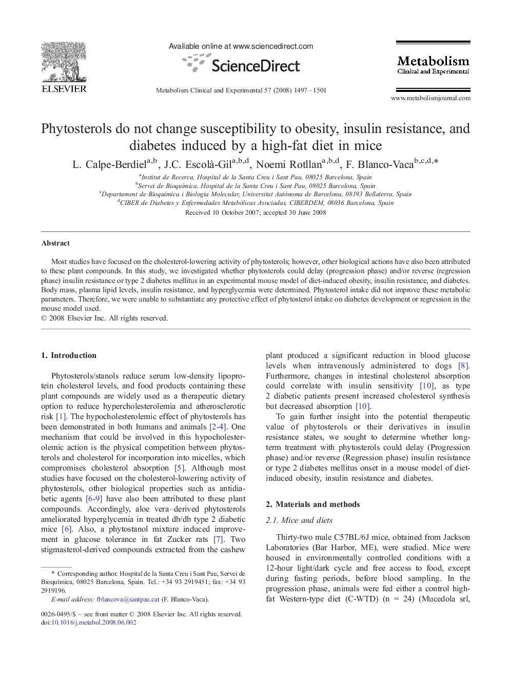 Phytosterols do not change susceptibility to obesity, insulin resistance, and diabetes induced by a high-fat diet in mice