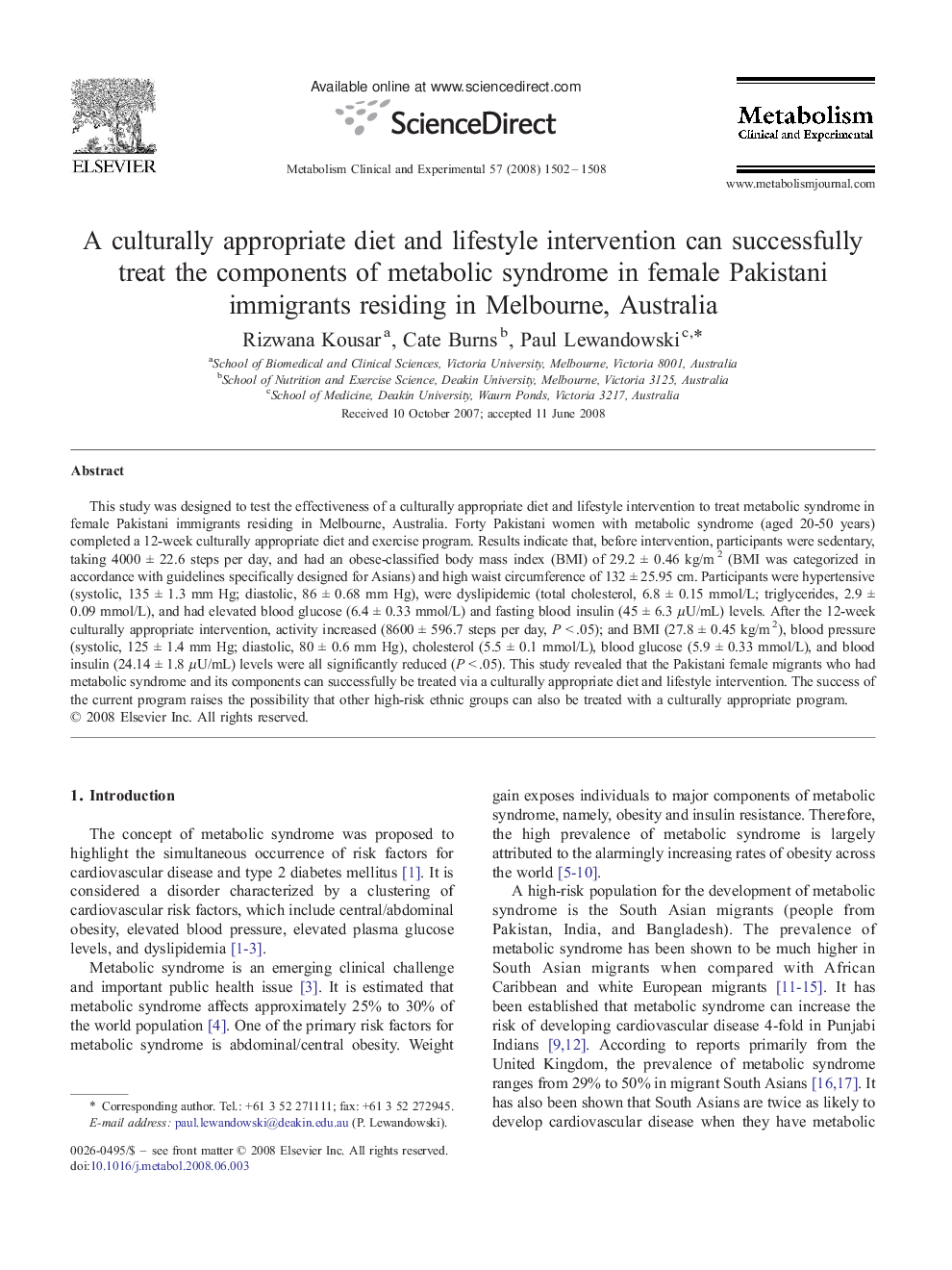 A culturally appropriate diet and lifestyle intervention can successfully treat the components of metabolic syndrome in female Pakistani immigrants residing in Melbourne, Australia