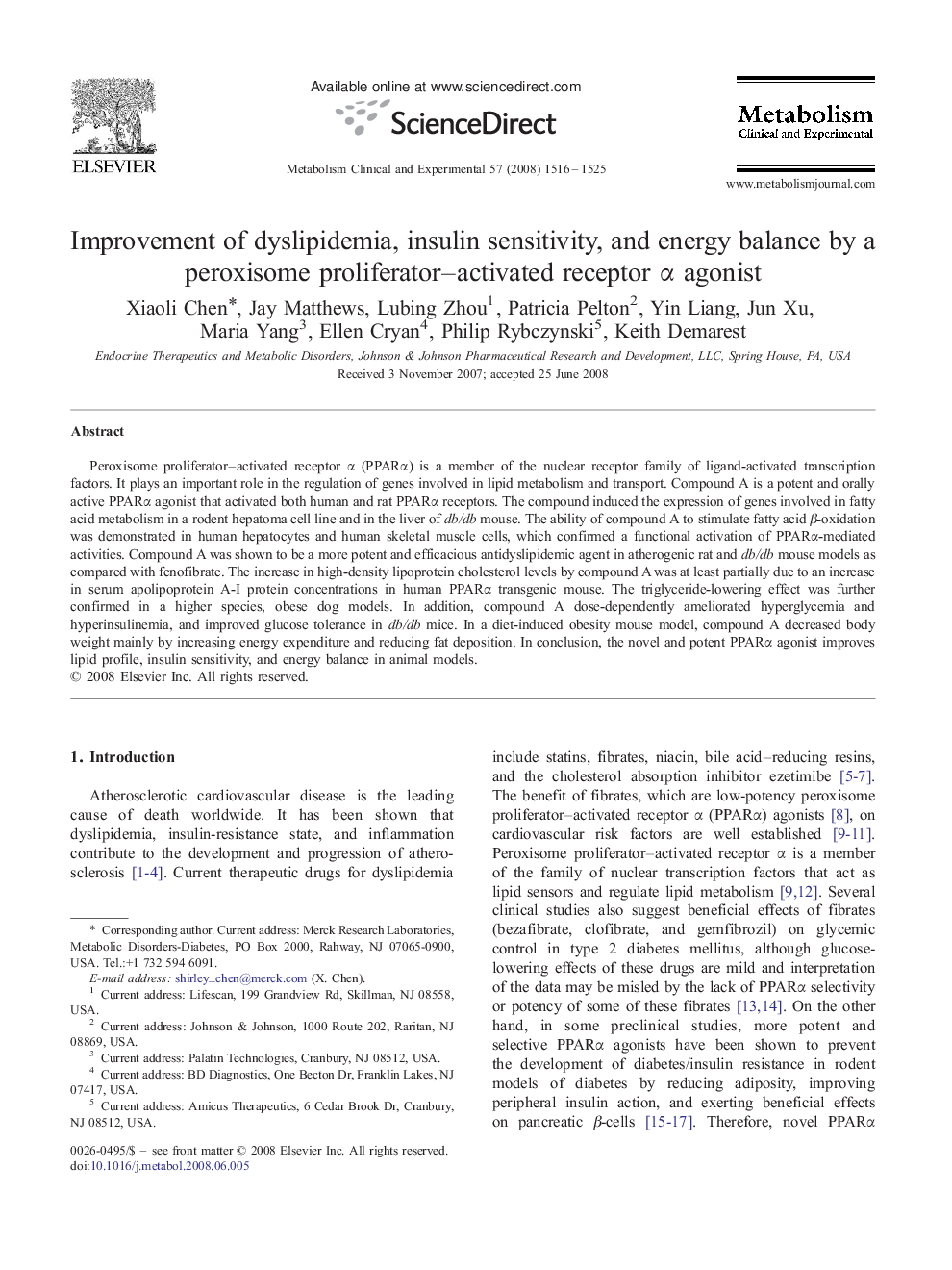 Improvement of dyslipidemia, insulin sensitivity, and energy balance by a peroxisome proliferator–activated receptor α agonist