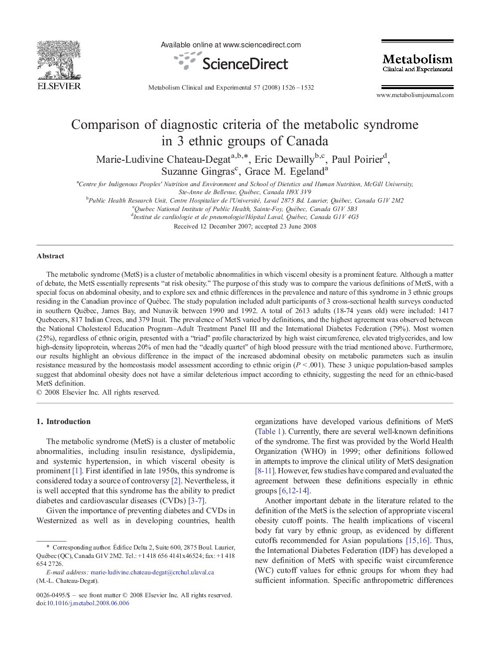 Comparison of diagnostic criteria of the metabolic syndrome in 3 ethnic groups of Canada