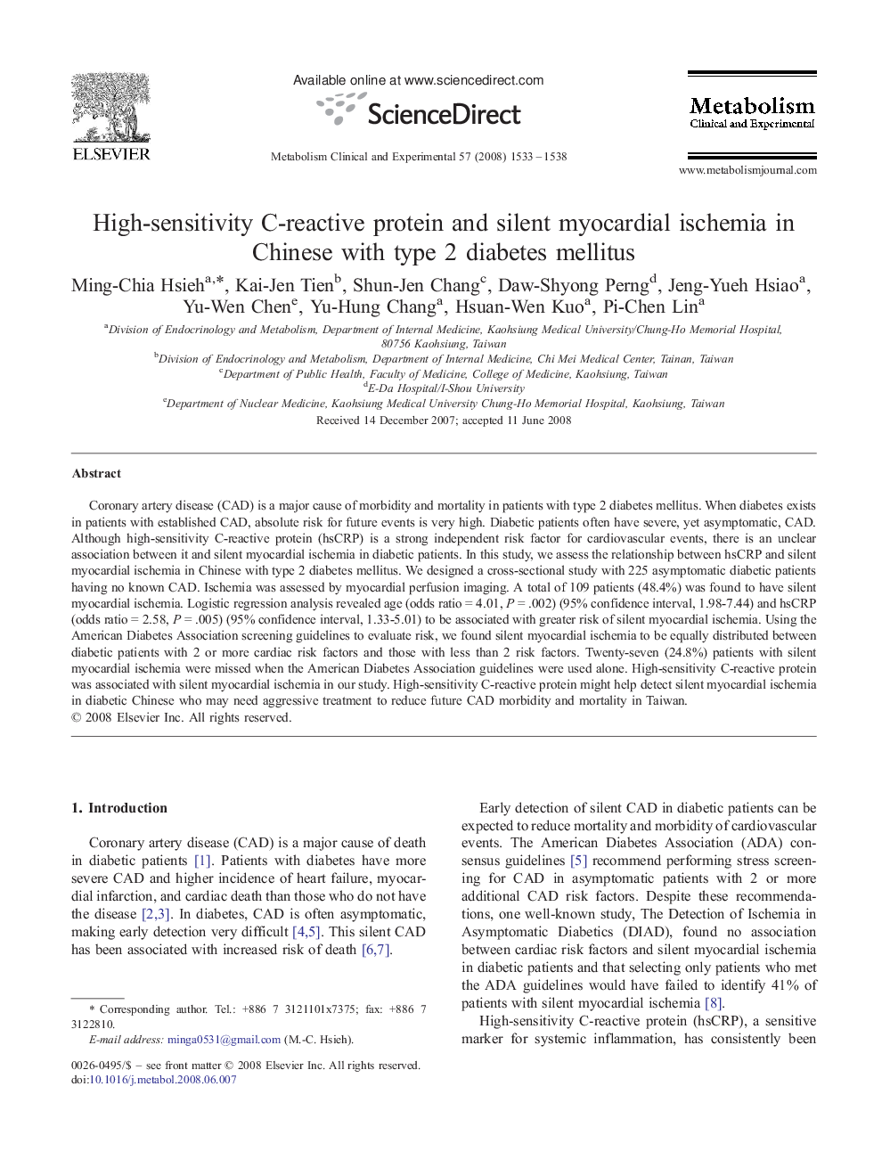 High-sensitivity C-reactive protein and silent myocardial ischemia in Chinese with type 2 diabetes mellitus